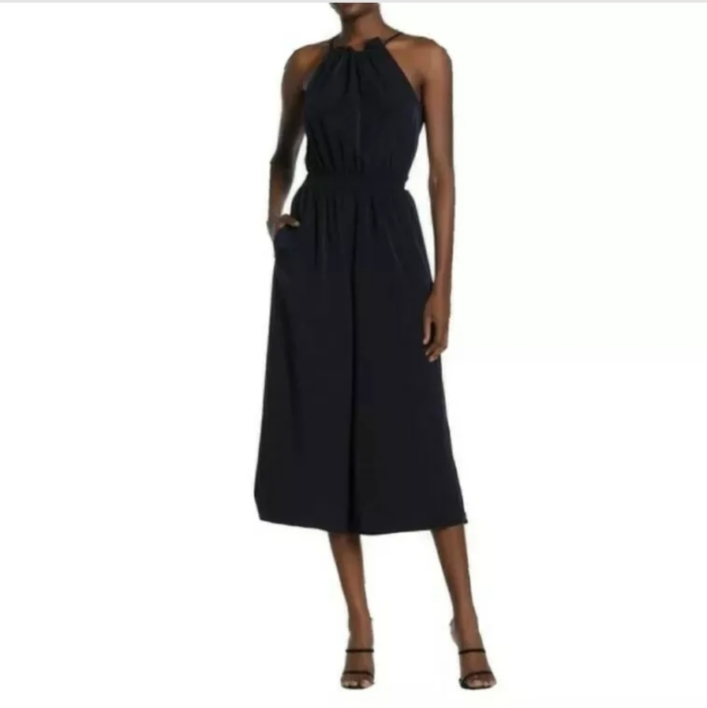 London Times Shirred Neck Smocked Waist Jumpsuit Women's Size 6 Navy NWT